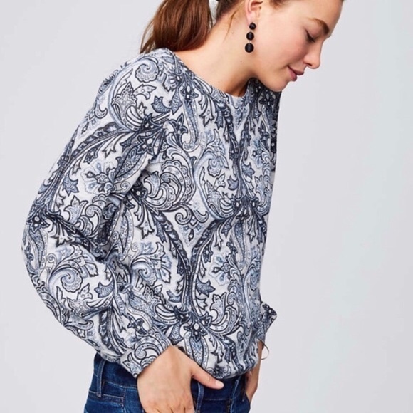 LOFT | Paisley Blouson Puff Sleeve Sweatshirt Gray Puff Long Sleeves - Picture 1 of 6